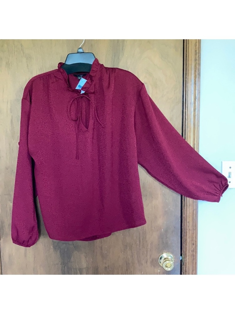 Express dark red blouse ties at neckline ruffle detail office retro M